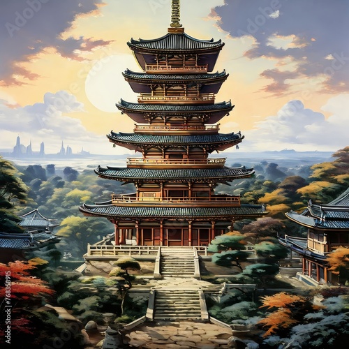 a japanese landscape in a fairy garden, Three-Story Pagoda painting