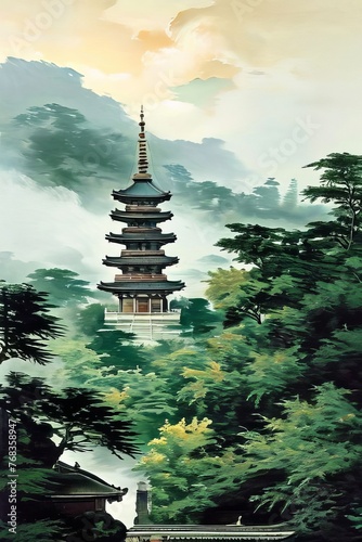a japanese landscape in a fairy garden, Three-Story Pagoda painting