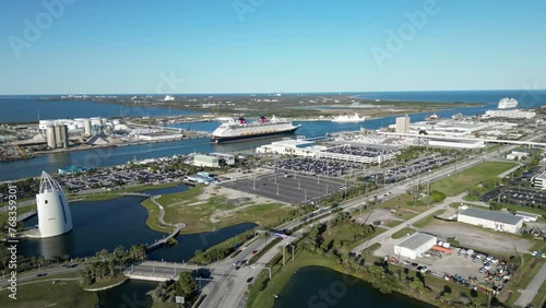 Aerial view of Port Canaveral with cruise ships in Cape Canaveral area of Brevard County, Florida.  photo