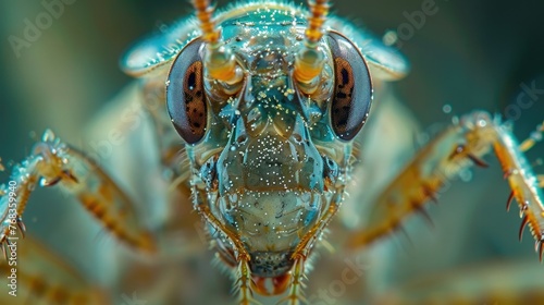 Highly Detailed Microscopic Closeup of a Cockroach Face Showcasing Its Complex Compound Eyes,Antennae and Mandibles in Vibrant Green and Brown Tones © Sittichok