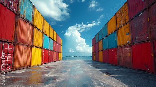 Container yard in coastal port - multiple bright colors - logistics - shipping - storing - supply chain - low angle shot 