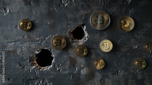 Cryptocurrency concept on a dark background - Dramatic image of bitcoins and other cryptocurrencies breaking through a dark surface