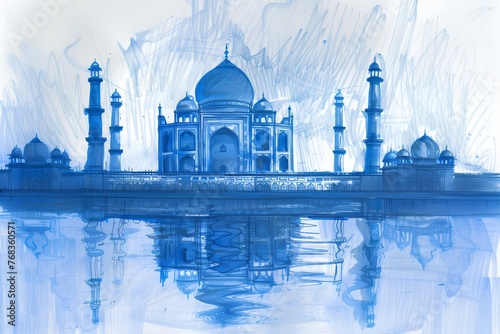 A blue and white drawing of the Taj Mahal and the surrounding area