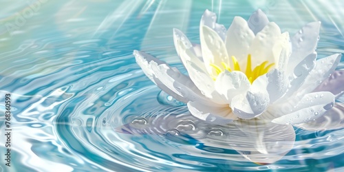 A white flower is floating on the surface of a body of water