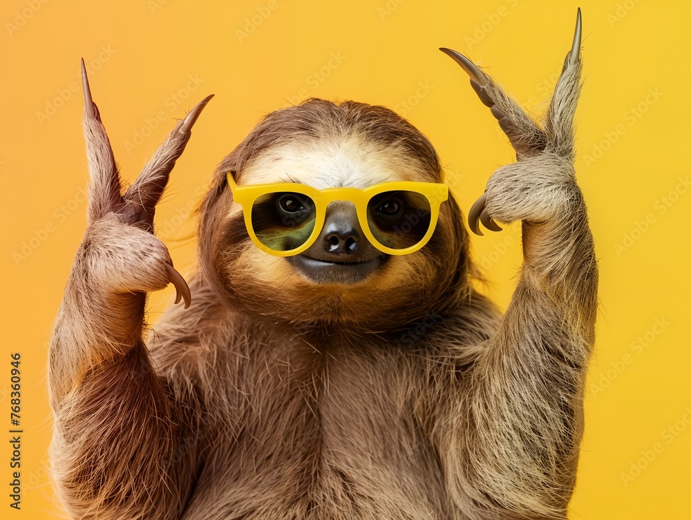 Fototapeta premium A sloth wearing sunglasses and holding its hands up in the air