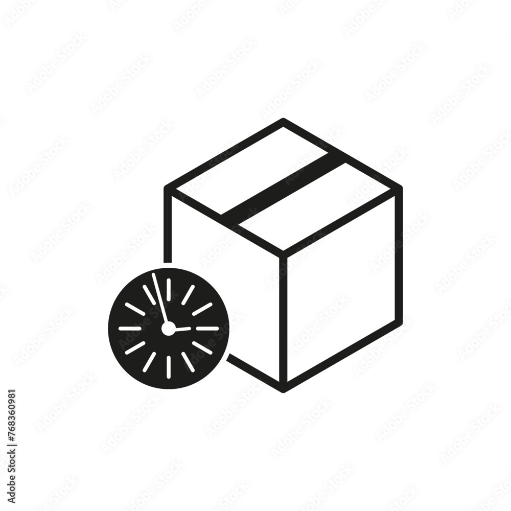 Package delivery time icon. Box with clock symbol. Shipping speed illustration. Fast service representation. Vector illustration. EPS 10. Package delivery time icon. Box with clock symbol. Shipping speed illustration. Fast service representation. Vector illustration. EPS 10.