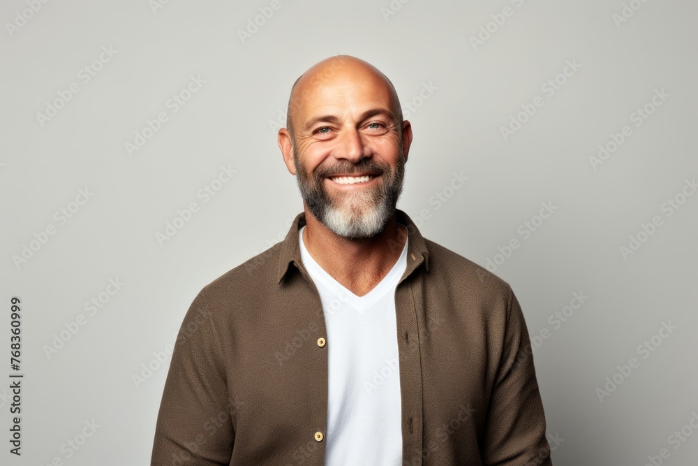 Portrait of a happy mature man smiling at the camera against grey background Portrait of a happy mature man smiling at the camera against grey background