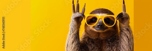 A sloth wearing sunglasses and holding up its hands photo