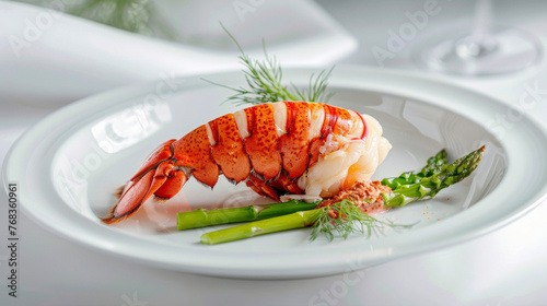White plate holds a cooked lobster and asparagus.
