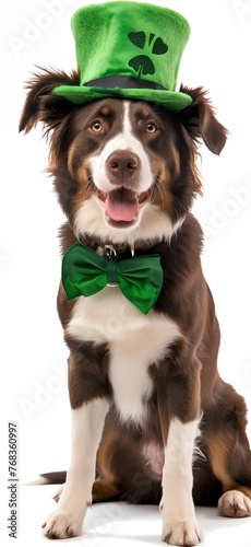 A brown and white dog wearing a green hat and a green bow tie