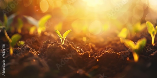 The seedling are growing from the rich soil to the morning sunlight that is shining, ecology concept. wide panoramic banner
