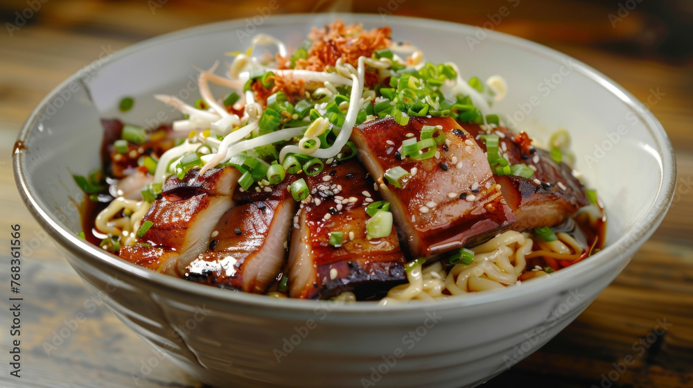 A white bowl containing a hearty serving of meat and noodles. A white bowl containing a hearty serving of meat and noodles.
