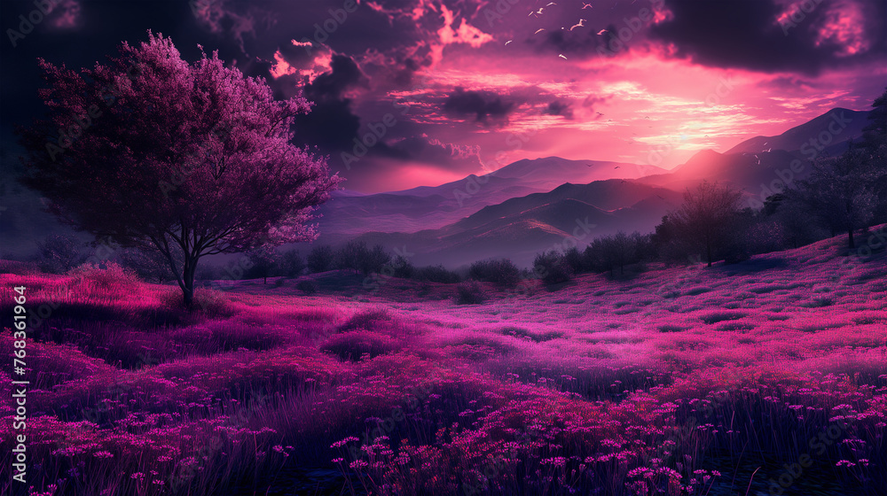 Beautiful of the Landscape with magenta nature, Illustration.