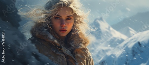 A woman wearing a fur coat is having fun in the electric blue snow landscape with towering mountains and swirling clouds overhead