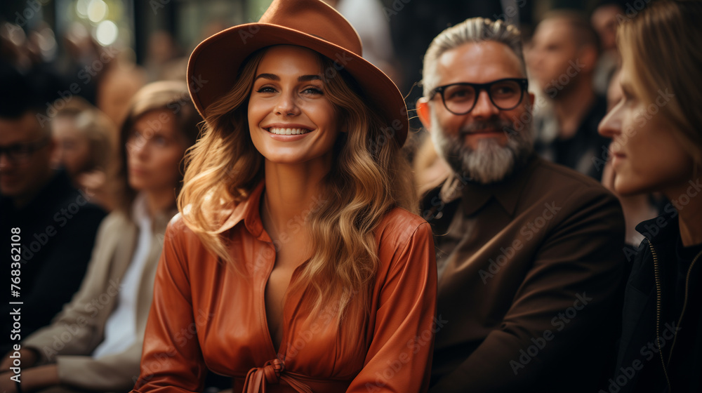 Radiant woman in hat and orange dress smiling at a fashion event, surrounded by attendees. Fashion and lifestyle concept. Design for event coverage, lifestyle editorial.