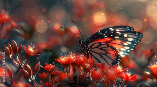 A butterfly rests on a flower its wings spreading out to reveal intricate patterns and colors. It symbolizes the transformation and growth one experiences on their path towards © Justlight