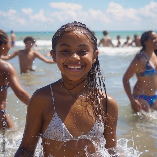 Community beach day, joyful expressions of body confidence, sunny, laughterfilled , cinematic photo