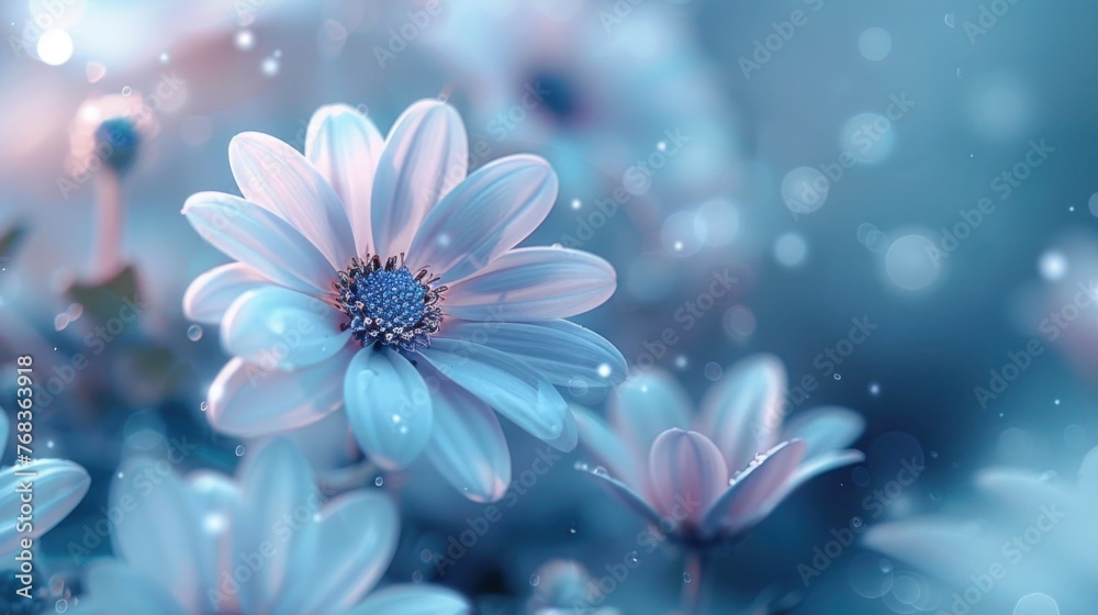 Delicate Blue Flower on Toned Blurred Background: Selective Soft Focus Floral Border