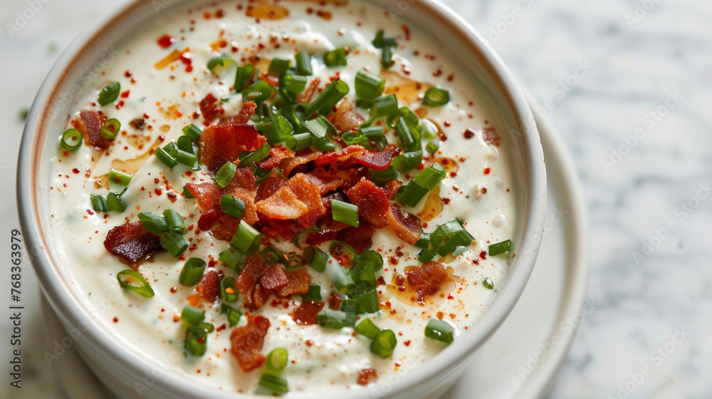 A bowl filled with soup topped with crispy bacon and fresh green onions. A bowl filled with soup topped with crispy bacon and fresh green onions.