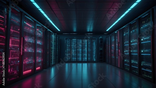 Futuristic Data Center Filled with Server Racks Illuminated by Vibrant VFX in a Shadowy Room Generative AI