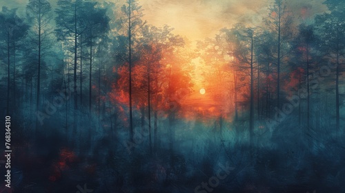 Impressionist forest scene with exaggerated colors at dawn