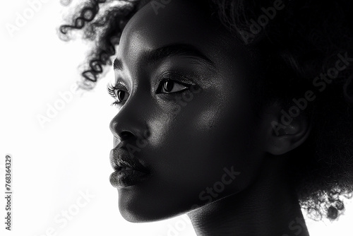 Dark silhouette of young african american woman on white background side view.
