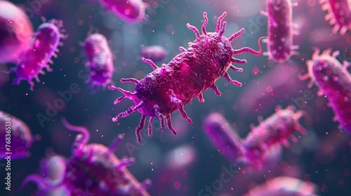 Vivid purple bacteria illustrated in a microscopic environment