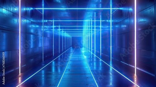 Futuristic Luminescent Corridor with Radiant Geometric Pathway and Blue Lighting © Sittichok