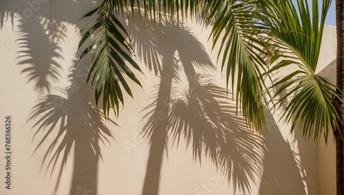 A gentle shadow of palm fronds  their edges blurred  stretching across a wall of light cream hue Generative AI