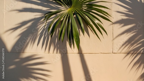 A gentle shadow of palm fronds, their edges blurred, stretching across a wall of light cream hue Generative AI