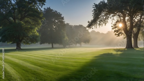 A panoramic view of a freshly mowed lawn under the early morning light, shrouded in a delicate mist, evoking the serene essence of summer Generative AI