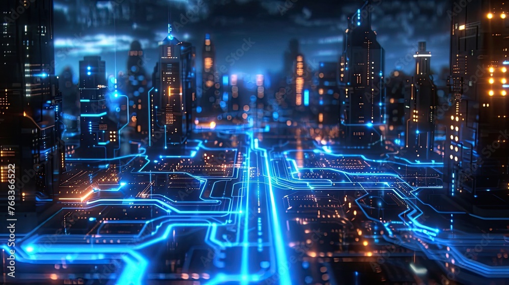 Futuristic Urban Cityscape with Glowing Digital Infrastructure and Neon Lights