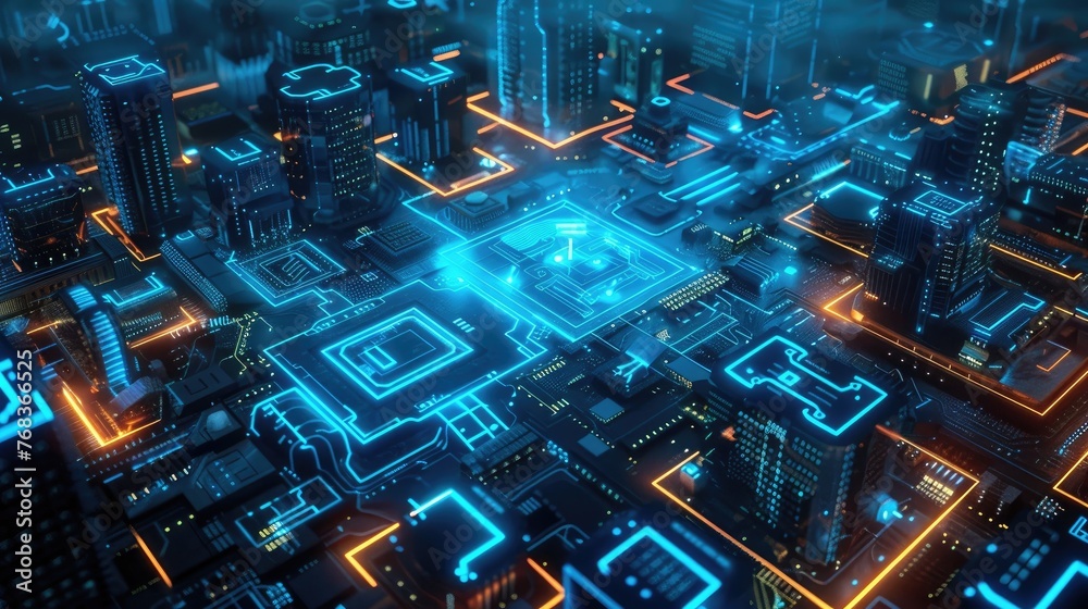 Futuristic Cityscape with Glowing Digital Infrastructure and Neon Illumination