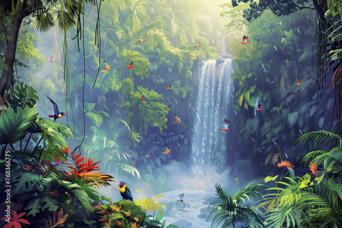 a spot in a forest with tropical birds and parrots are flying around and a waterfall gives a serene backdrop to this spot © MK