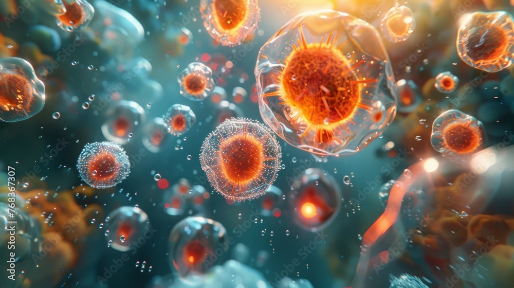 Fluorescent cells in a microscopic view. Fluorescent cells in a microscopic view.