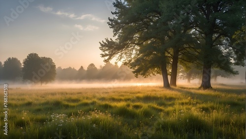 An expansive scene of a neatly trimmed meadow  bathed in the soft glow of sunrise and veiled by a light fog  capturing the peaceful ambiance of early summer Generative AI