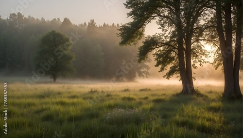 An expansive scene of a neatly trimmed meadow, bathed in the soft glow of sunrise and veiled by a light fog, capturing the peaceful ambiance of early summer Generative AI