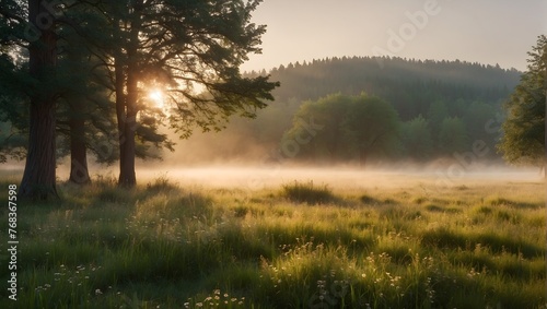 An expansive scene of a neatly trimmed meadow, bathed in the soft glow of sunrise and veiled by a light fog, capturing the peaceful ambiance of early summer Generative AI