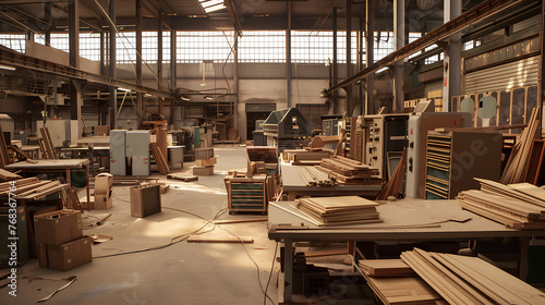 A large warehouse filled with wood and a lot of space. The scene is somewhat bleak and empty