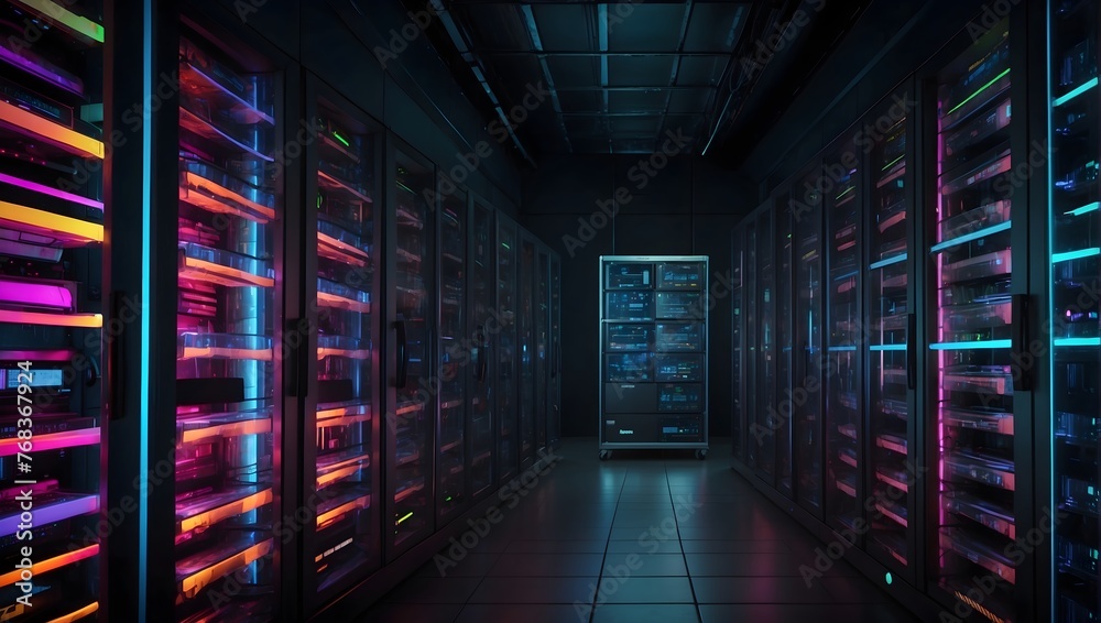 High-Tech Server Racks Operating in a Mysterious Dark Room, Enhanced with Colorful VFX Effects Generative AI