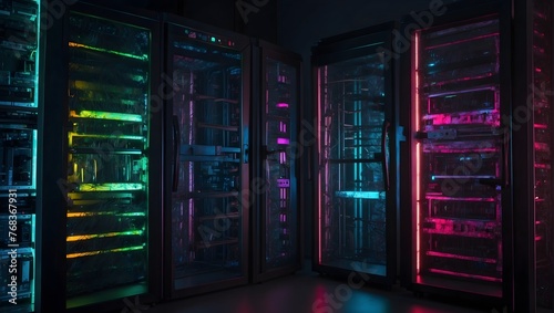 High-Tech Server Racks Operating in a Mysterious Dark Room, Enhanced with Colorful VFX Effects Generative AI