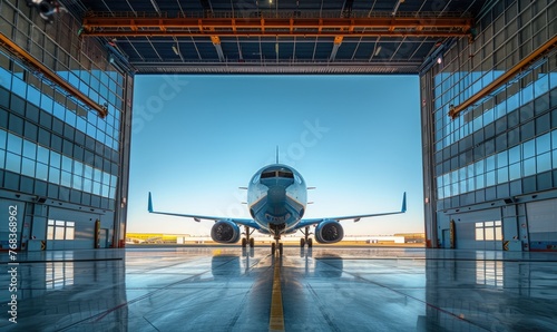 An aircraft parked in the hangar