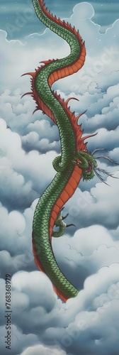 corpo de um dragão verde e amarelo, com braços, nas nuvens, imagem ilustrativa em cartoon photo