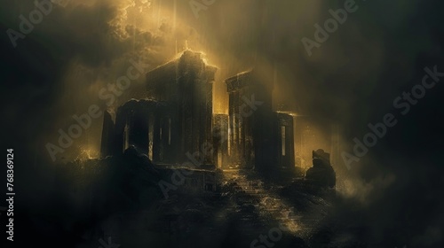 Amidst the blackness the faint gleam of golden lights filters through the mist illuminating the grandeur of a forgotten monument. Its blurred features evoke a sense of mystery
