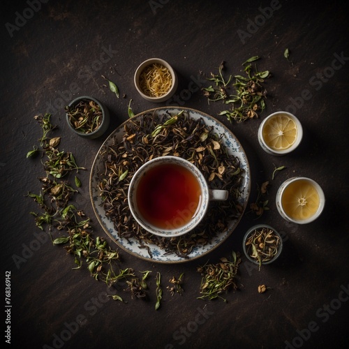 Top view of cup of herbal tea with citrus