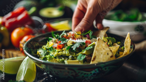 A person is dipping a tortilla into a bowl filled with guacamole, enjoying a tasty snack moment.