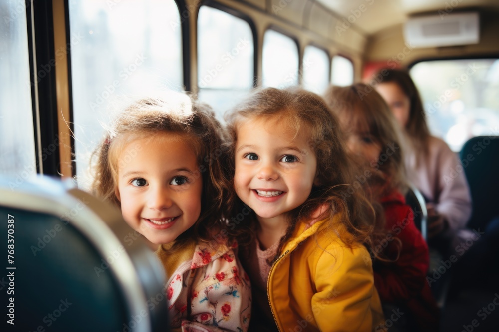Joyful ride: fun students on a school bus, sharing laughter and creating memories on their journey to school, embodying the spirit of friendship and adventure during their commute together
