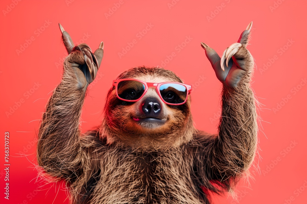 Fototapeta premium A sloth wearing sunglasses and holding up its arms with its hands in the air