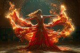 A woman in a red dress is dancing in the air with fire around her