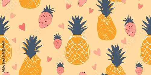 Tropical Fruit Pattern with Hearts